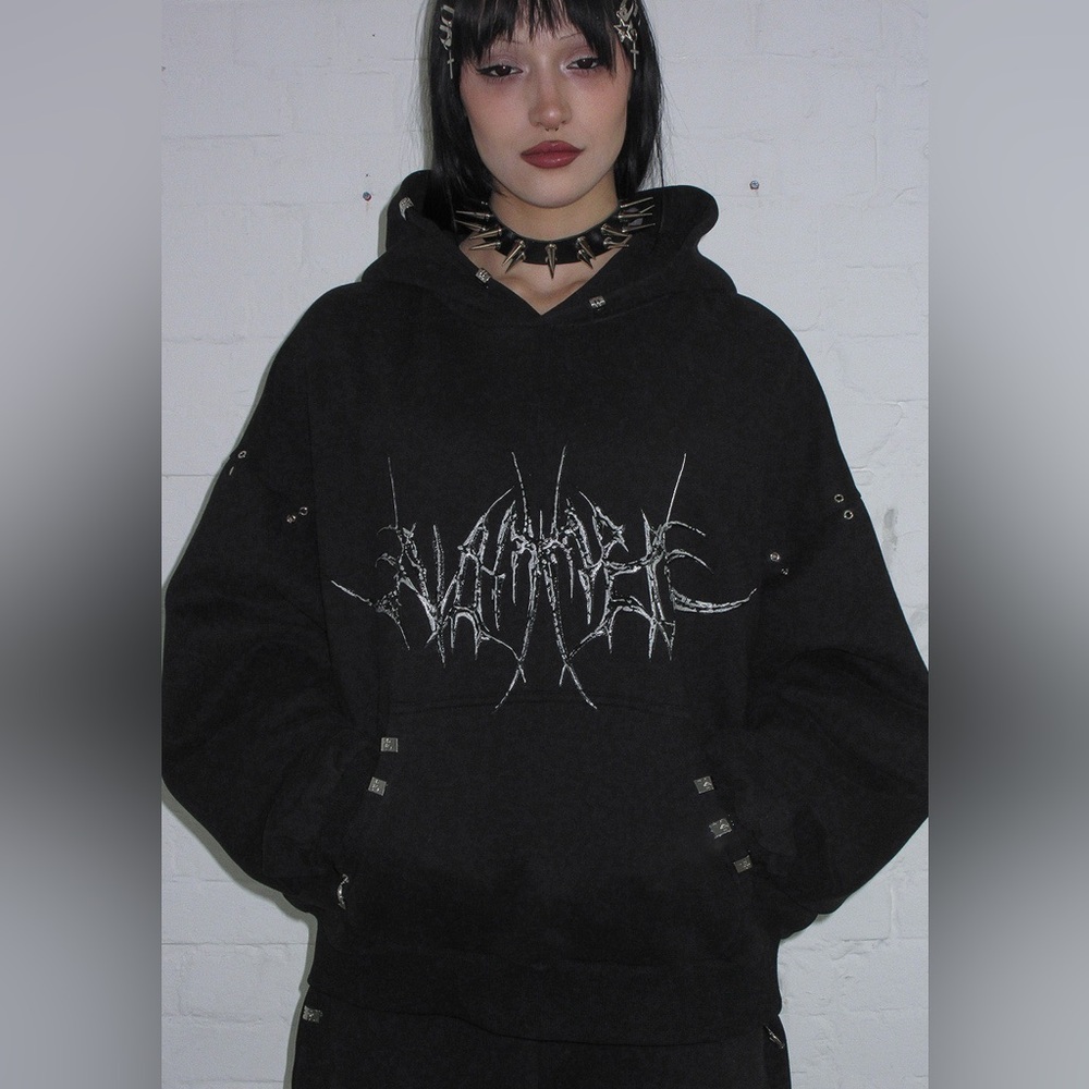 SOLD! Named Collective Destroy Chrome Pierced Pullover Hoodie Black Silver XS - Picture 3 of 9